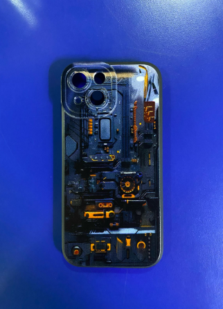 ESTUCHE IPHONE 15 DISE&Ntilde;O MECANICO AZUL Y NARANJA