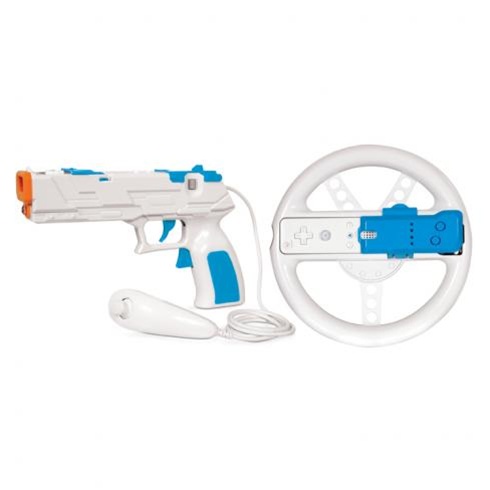 CONTROL WII CON PISTOLA Y VOLANTE DORADO/PLATEADO
