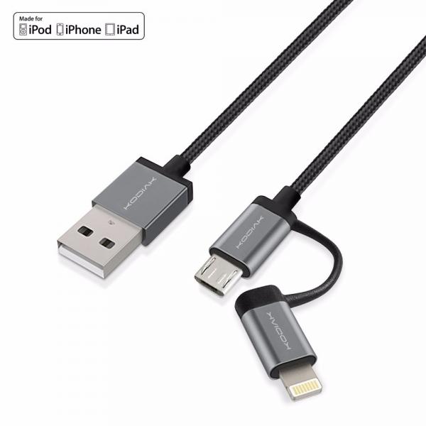 CABLE KODIAK USB  (2 EN 1) MICRO USB Y LIGHTNING 2MTS GRIS