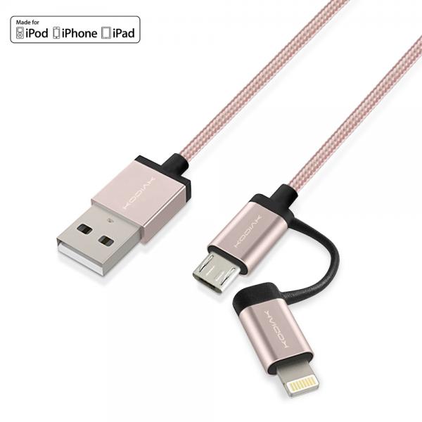 CABLE KODIAK USB (2 EN 1) MICRO USB Y LIGHTNING 2MTS ROSADO
