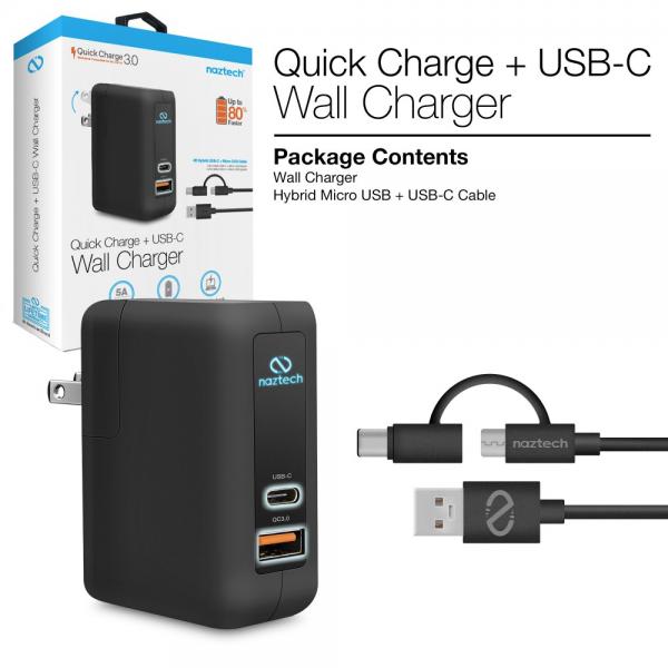 CARGADOR DE PARED CASA NAZTECH USB +USB-C NEGRO