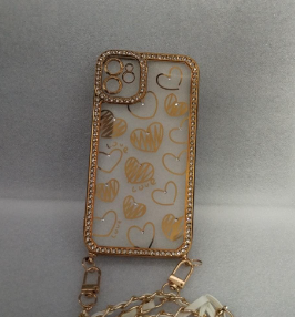 ESTUCHE SILICON APPLE IPHONE 15 PRO MAX CON CORDON NARANJA / DORADO