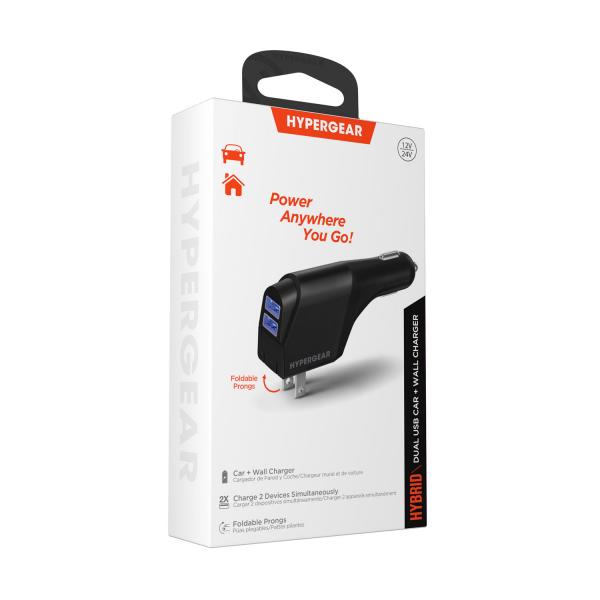 CARGADOR DE CARRO Y DE PARED HYPERGEAR H&Iacute;BRIDO 2 EN 1 2XUSB 12V/24V NEGRO